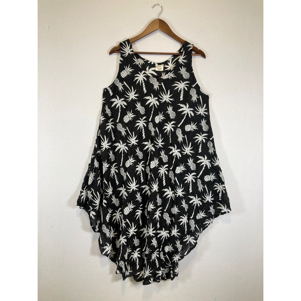Tropical Boho Exist Women OS Black White Pineapple Palm Tree Sharkbite Tunic